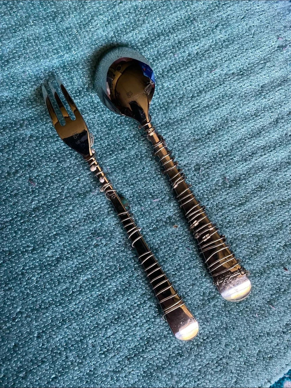 GS 18/10 Handcrafted Wire-Wrapped Beaded Spoon and Fork  Set - Multicolor Accent